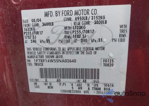 2005 Ford F-150 Stx/Xl/Xlt из США, поврежденный, VIN 1FTRF14W55NA02640